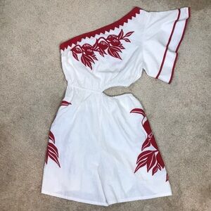 FARM Rio White and Red One-Shoulder Romper